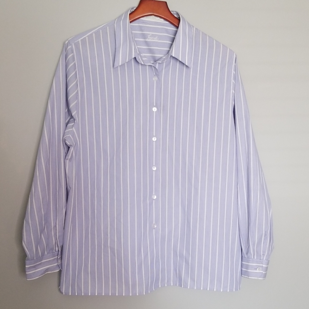 {Foxcroft} Blue & White Striped Button Down Top